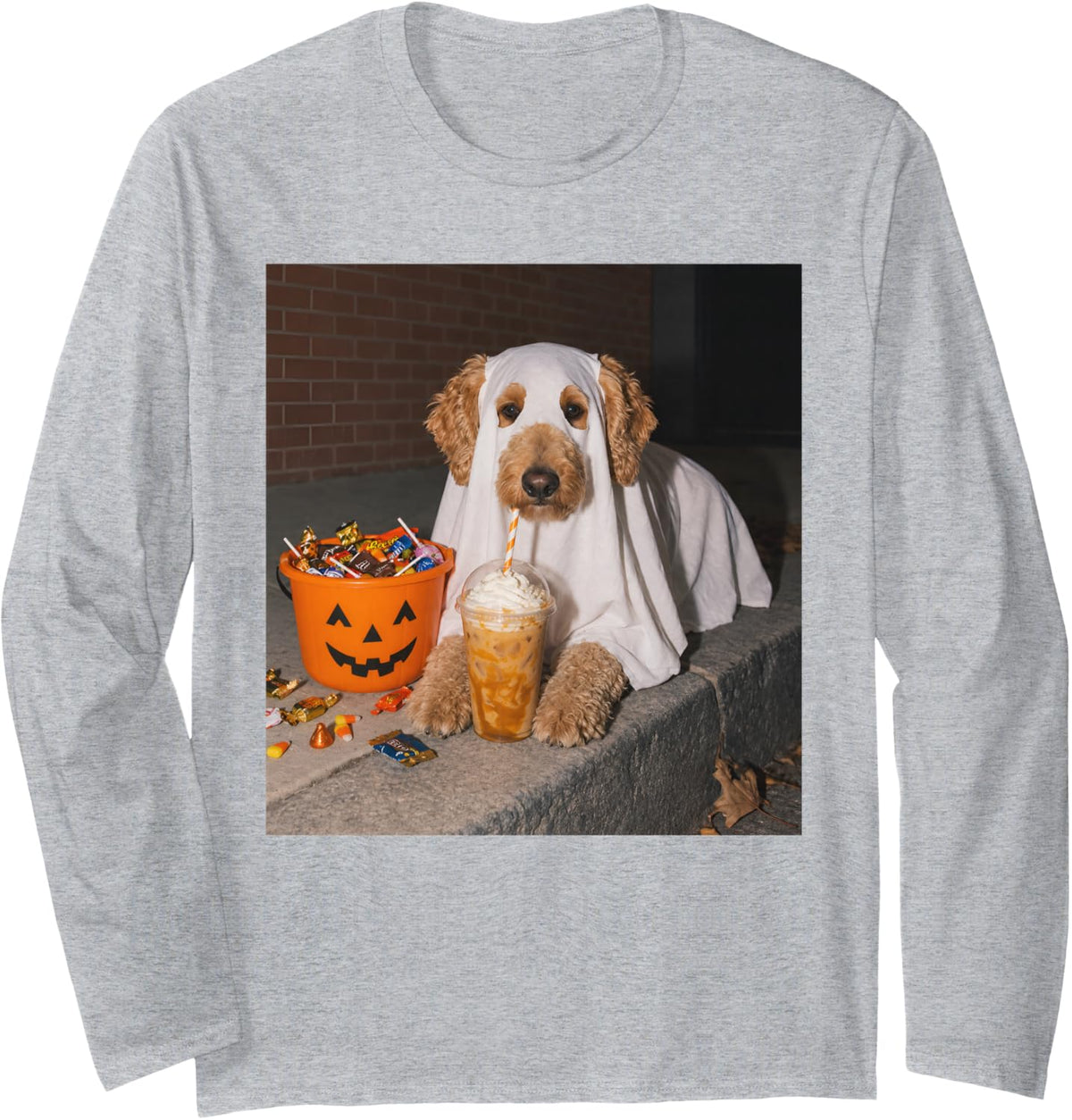 Goldendoodle Dog Ghost Drinking Iced Coffee Halloween Long Sleeve T-Shirt - Adult Unisex Heather Grey