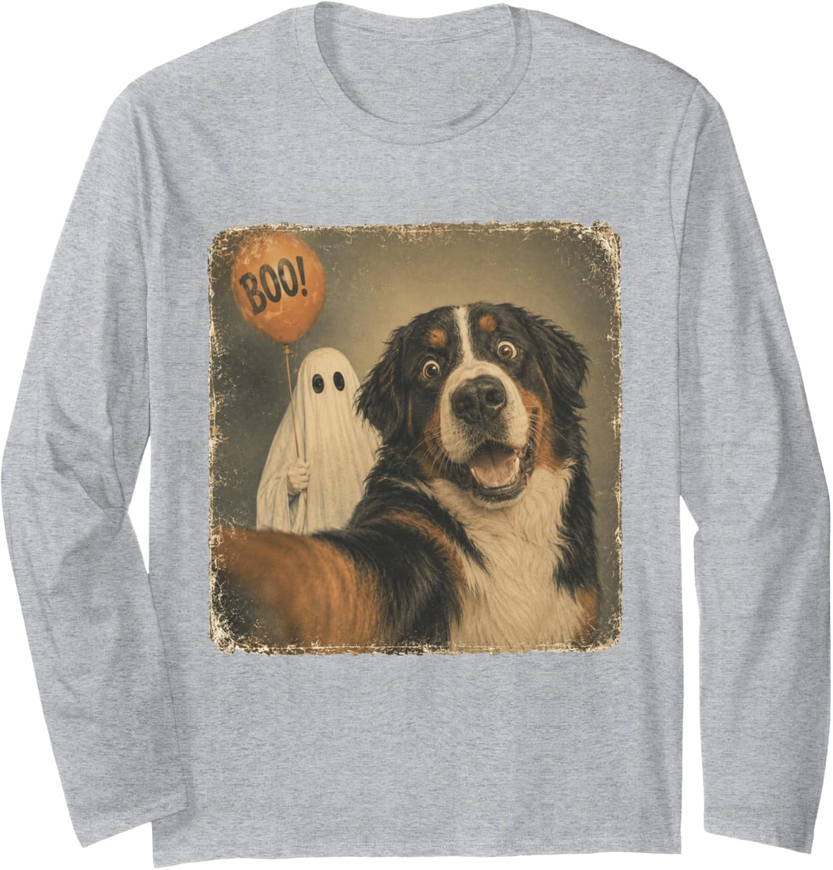 Bernese Mountain Dog Halloween Ghost Boo Dog Long Sleeve T-Shirt - Adult Unisex Heather Grey