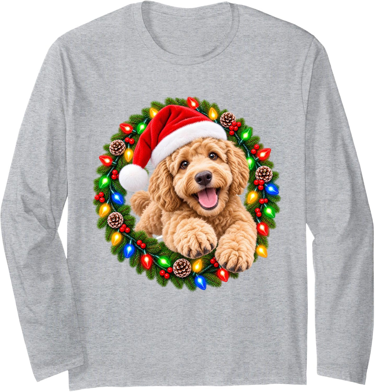 Goldendoodle Christmas Jumping Through Wreath Santa Dog Long Sleeve T-Shirt - Adult Unisex Heather Grey