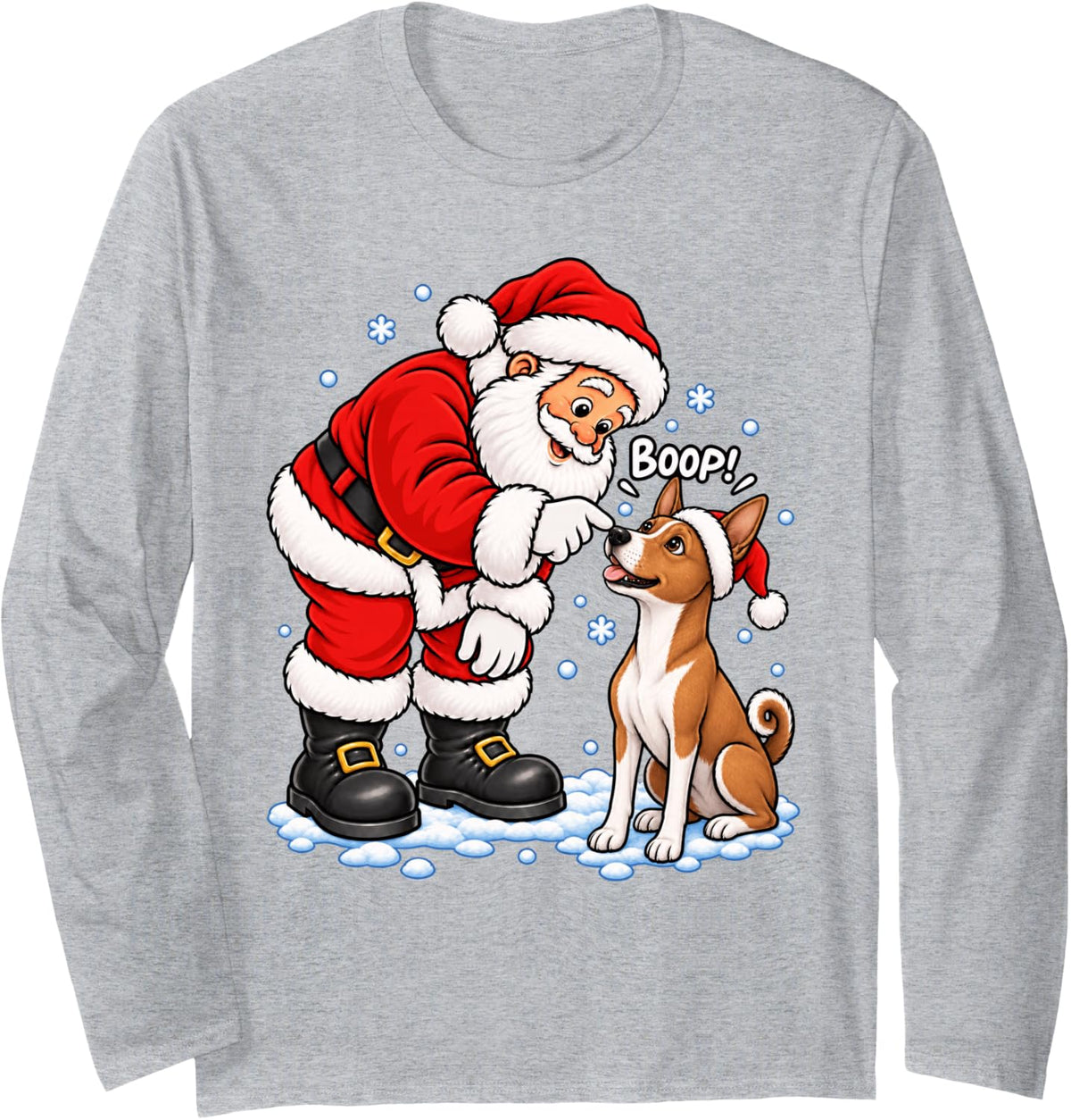 Funny Basenji Boop Santa Christmas Long Sleeve T-Shirt - Adult Unisex Heather Grey