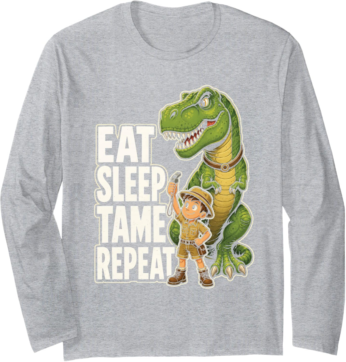 Dinosaur Tamer T Rex Kid Explorer Safari Hat Whistle Long Sleeve T-Shirt - Adult Unisex Heather Grey