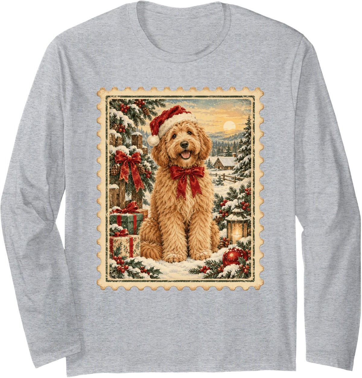Christmas Goldendoodle Xmas Tree Santa Doodle Dog Long Sleeve T-Shirt - Adult Unisex Heather Grey