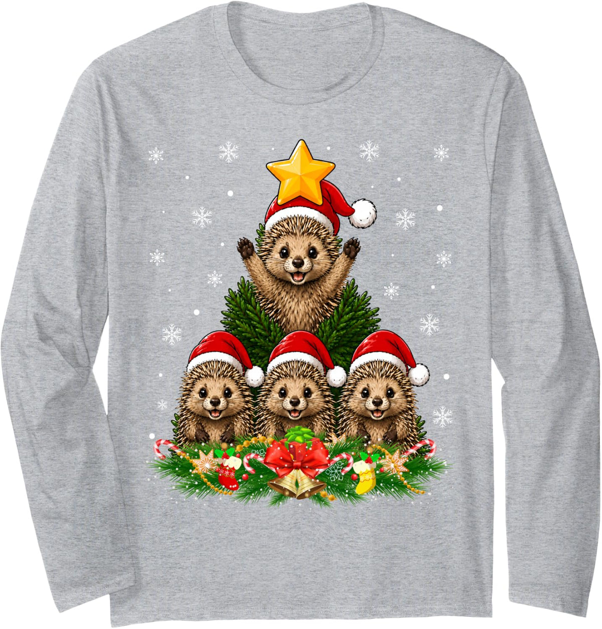 Hedgehog Christmas Tree Cute Animal Festive Cheer Xmas Long Sleeve T-Shirt - Adult Unisex Heather Grey