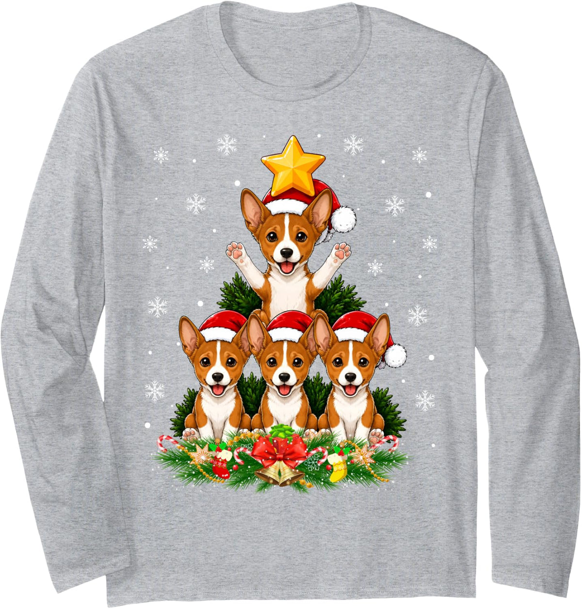 Basenji Dog Christmas Tree Cute Pet Festive Xmas Long Sleeve T-Shirt - Adult Unisex Heather Grey