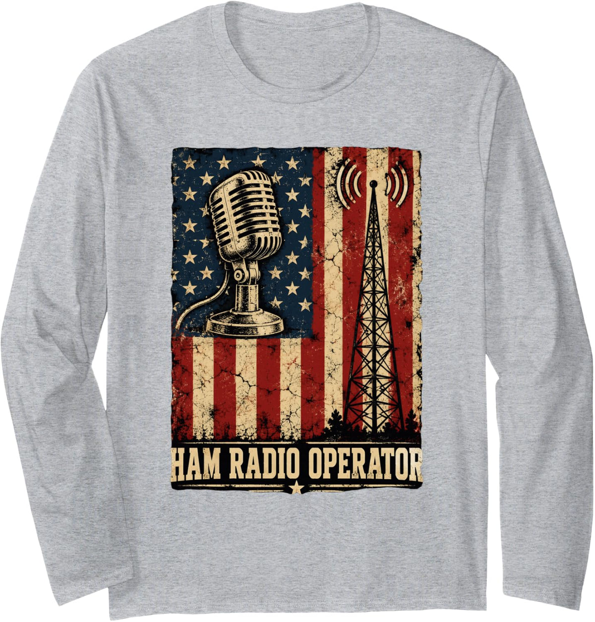 Ham Radio Operator Vintage American Flag Long Sleeve T-Shirt - Adult Unisex Heather Grey