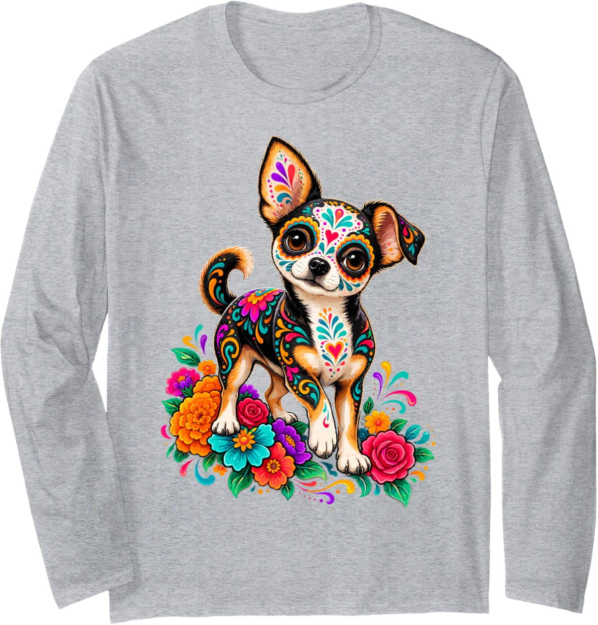 Sugar Skull Chihuahua Dog Art Long Sleeve T-Shirt - Adult Unisex Heather Grey
