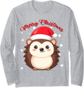 Merry Christmas Santa Hat Cute Hedgehog Ugly Xmas Sweaters Long Sleeve T-Shirt - Adult Unisex Heather Grey