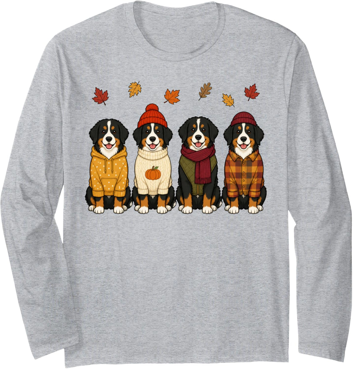 Bernese Mountain Dog Fall Autumn Season Pumpkin Long Sleeve T-Shirt - Adult Unisex Heather Grey