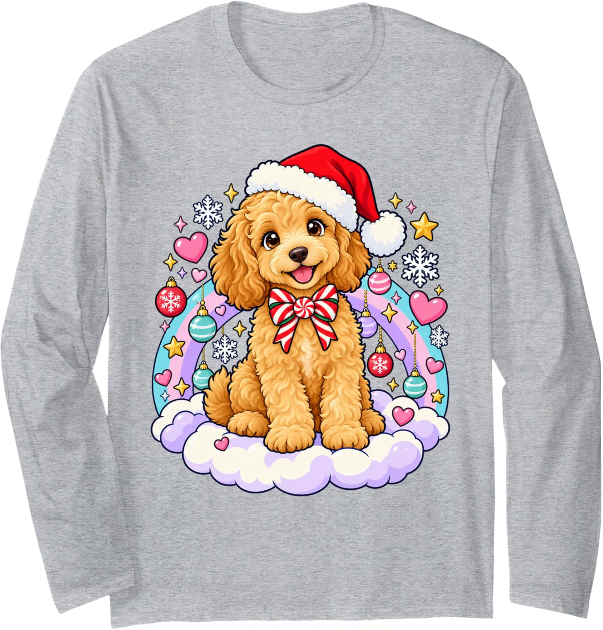 Christmas Goldendoodle Kawaii Xmas Tree Santa Doodle Dog Long Sleeve T-Shirt - Adult Unisex Heather Grey