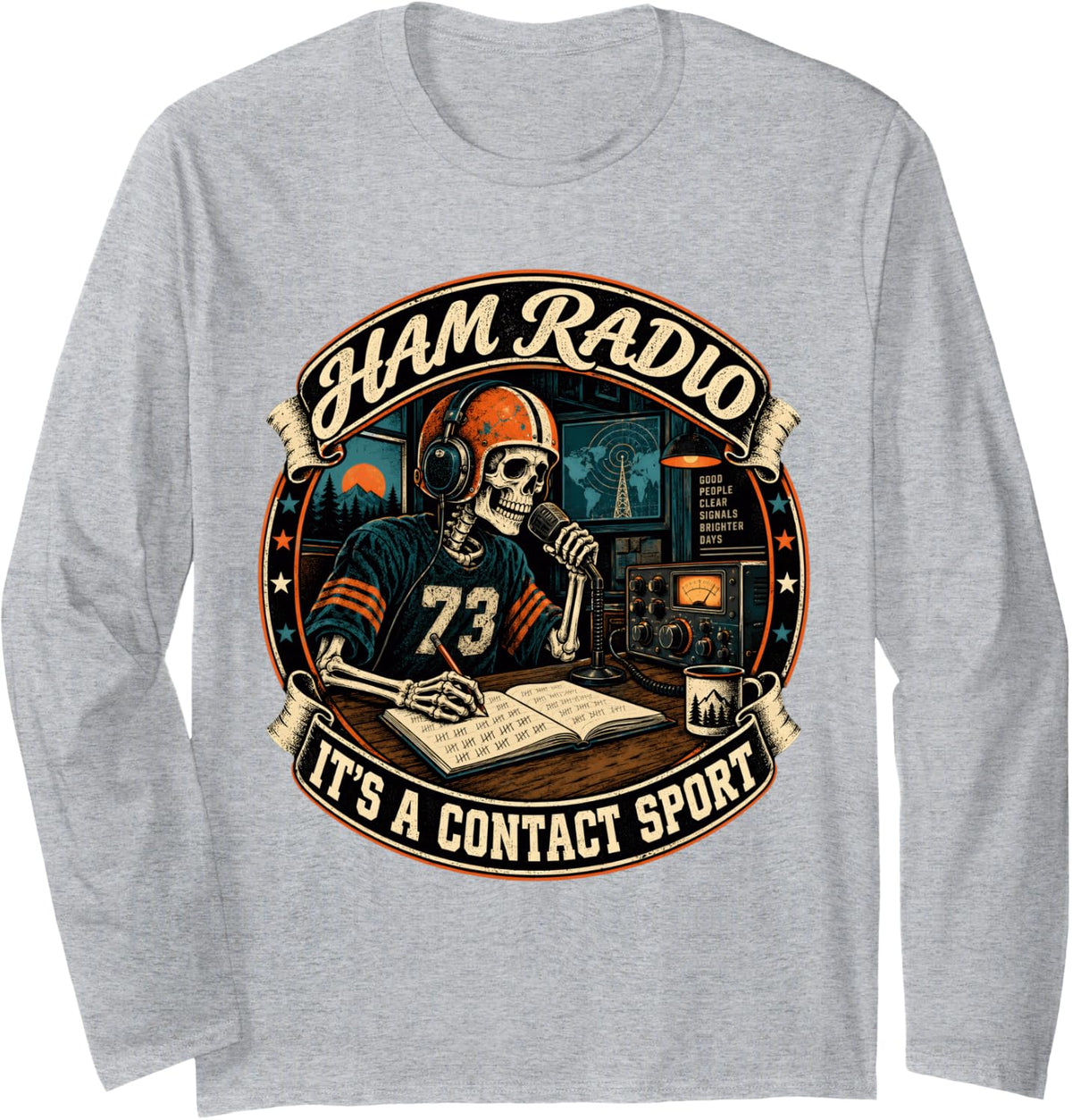 Ham Radio Contact Sport Skeleton Operator Long Sleeve T-Shirt - Adult Unisex Heather Grey