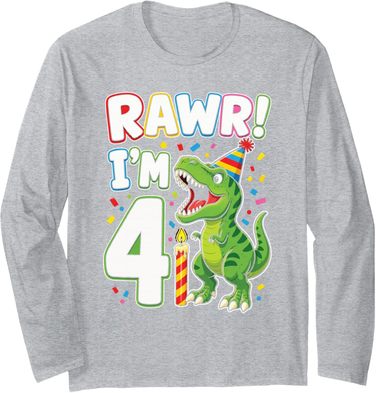 Dinosaur 4th Birthday Boy Rawr I'm 4 T Rex Four Year Old Long Sleeve T-Shirt - Adult Unisex Heather Grey