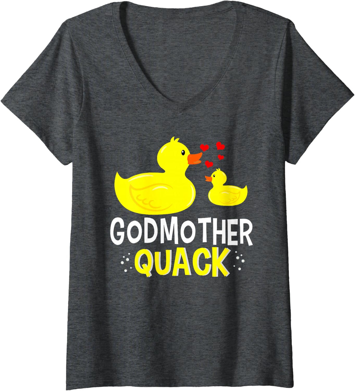 Women's Godmother Quack Yellow Duck Baby Shower for Godmother Funny V-Neck T-Shirt - Dark Heather Grey