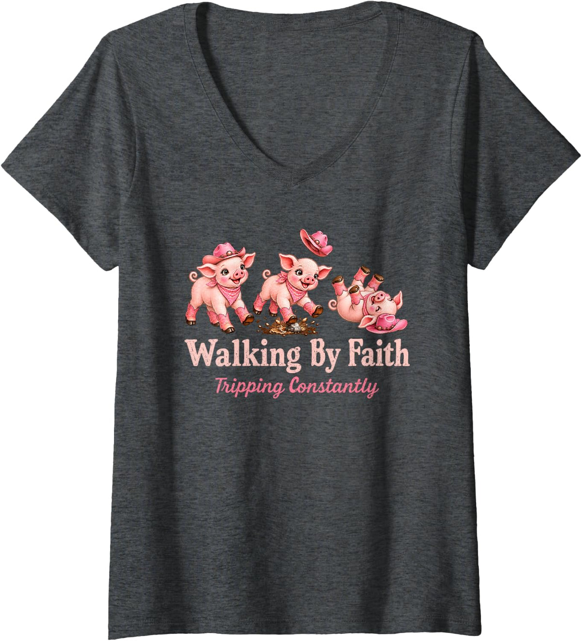 Women's Christian Pig Lover Walking By Faith Tripping Constantly V-Neck T-Shirt - Dark Heather Grey