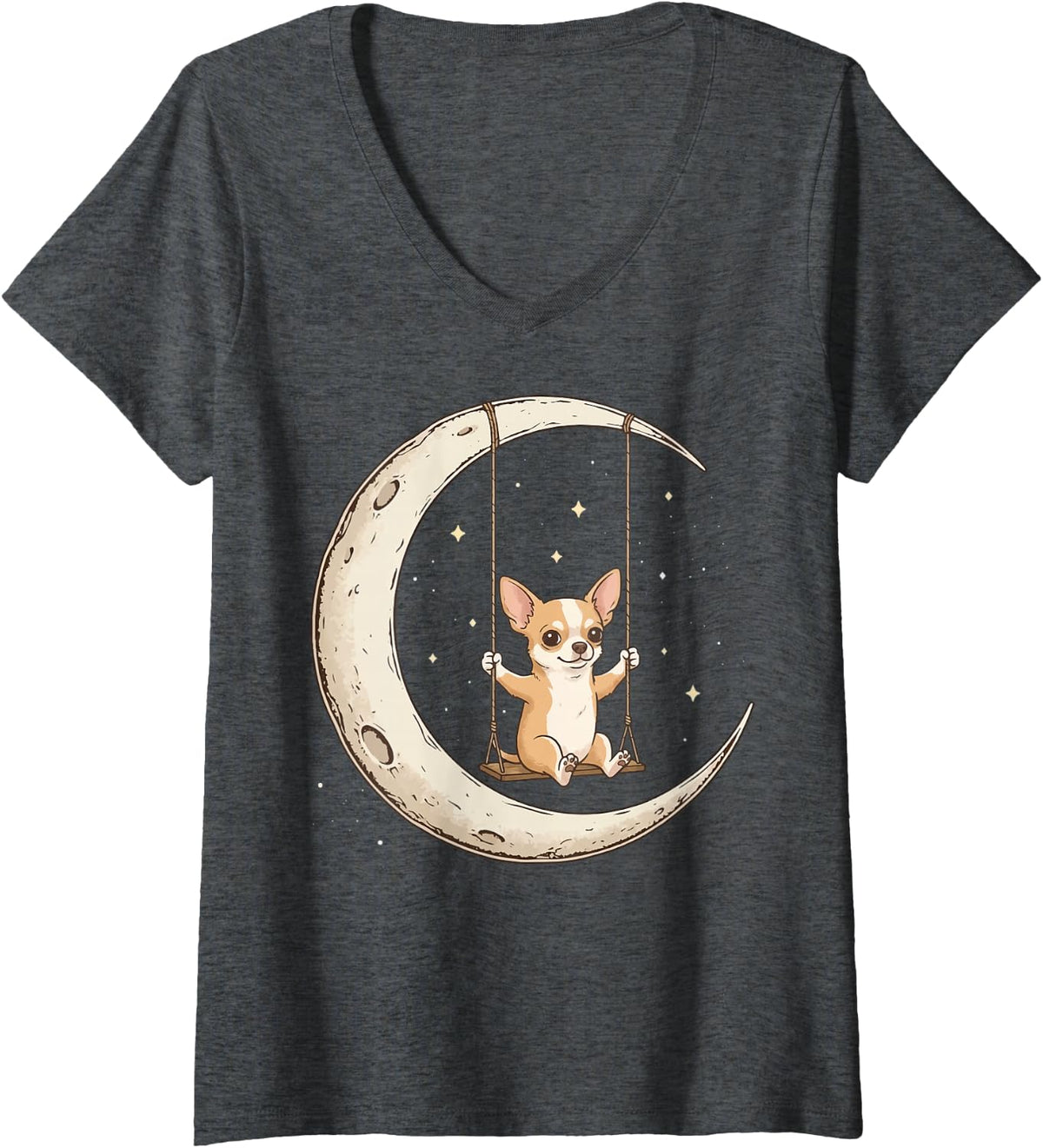Women's Chihuahua Moon Swing V-Neck T-Shirt - Dark Heather Grey