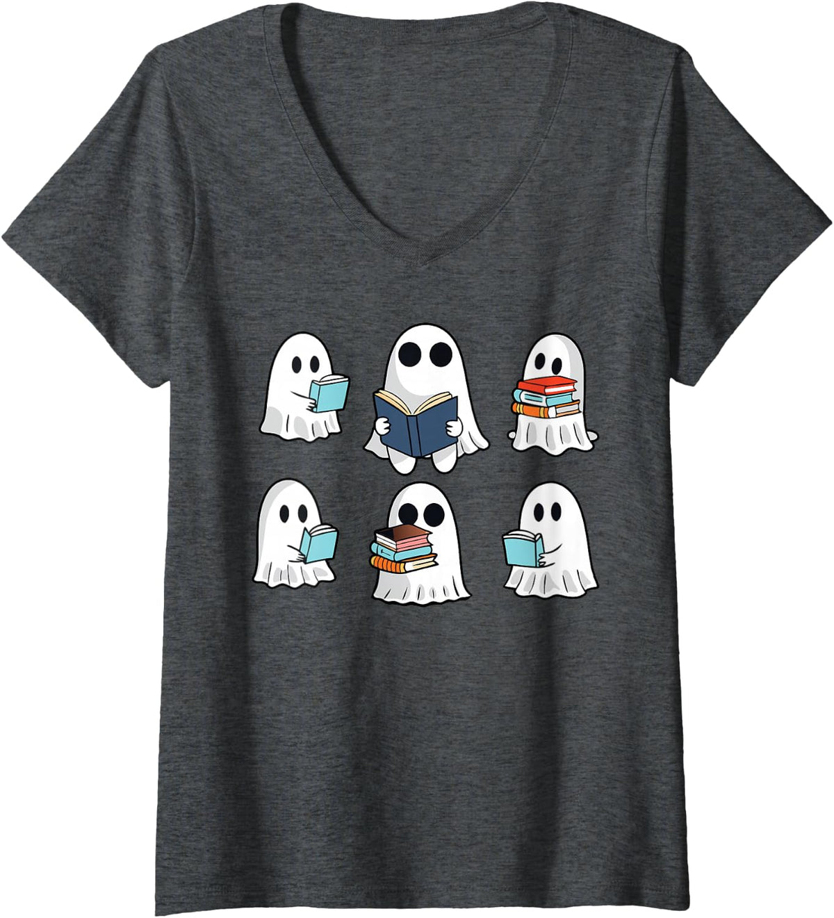 Women's Cute Ghost Reading Books, Bookworm Halloween Library V-Neck T-Shirt - Dark Heather Grey