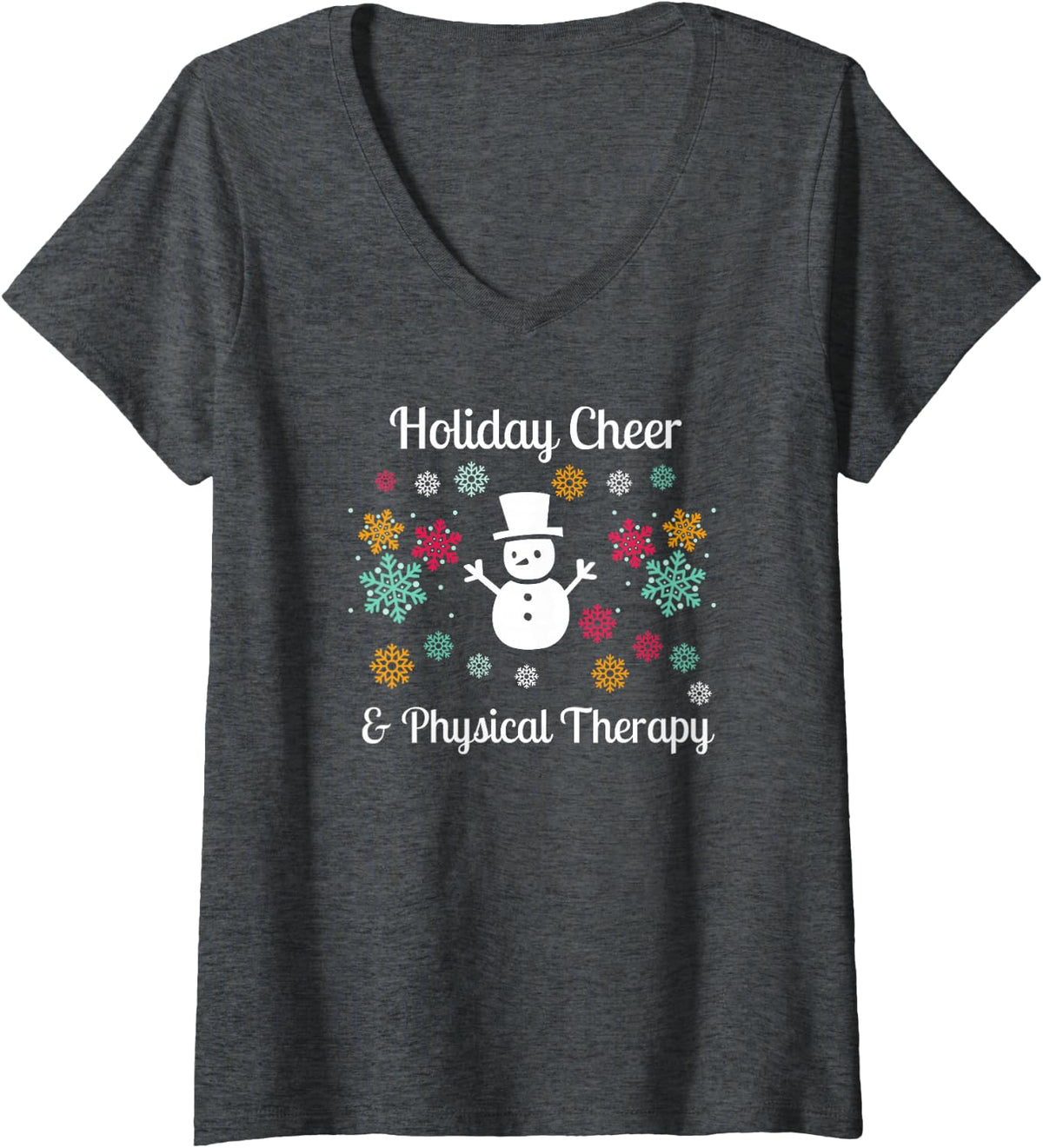 Women's Holiday Cheer and Physical Therapy Winter Xmas PT Snowman V-Neck T-Shirt - Dark Heather Grey