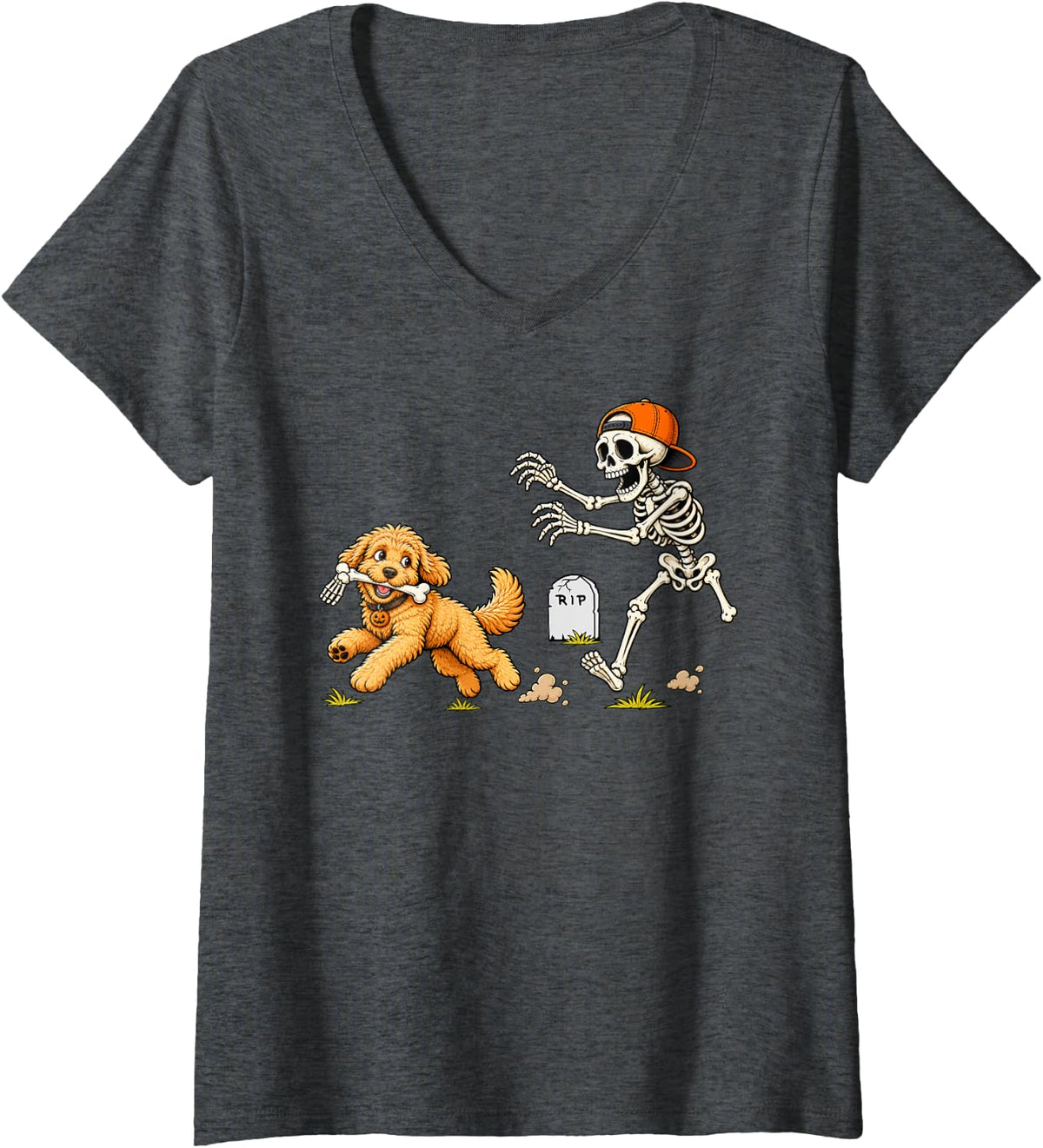 Women's Funny Goldendoodle Dog Skeleton Bone Halloween Men Women V-Neck T-Shirt - Dark Heather Grey