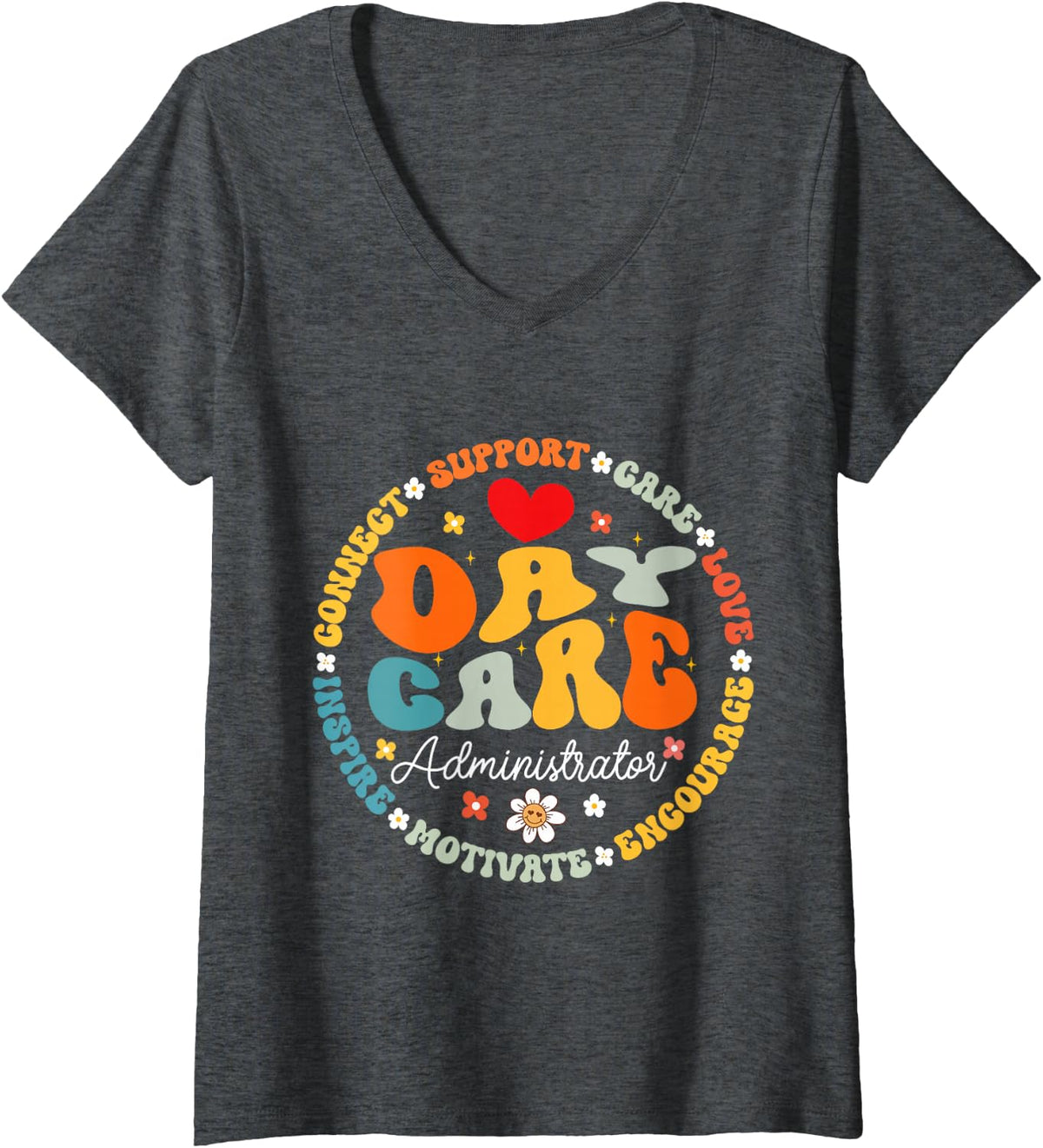 Women's Groovy Daycare Administrator Childcare Provider After School V-Neck T-Shirt - Dark Heather Grey