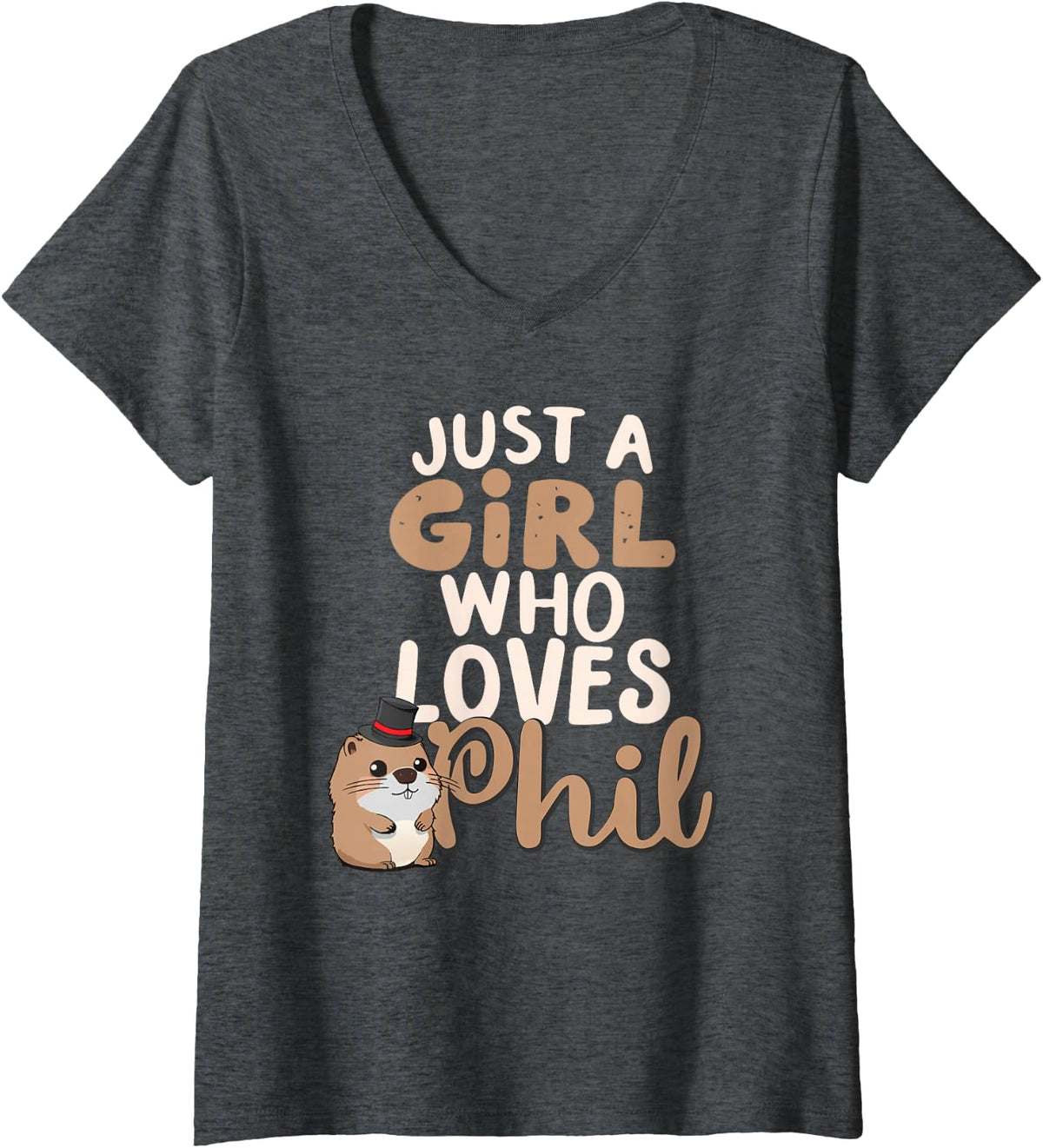 Women's Just A Girl Who Loves Phil Funny Happy Groundhog Day Feb 2nd V-Neck T-Shirt - Dark Heather Grey