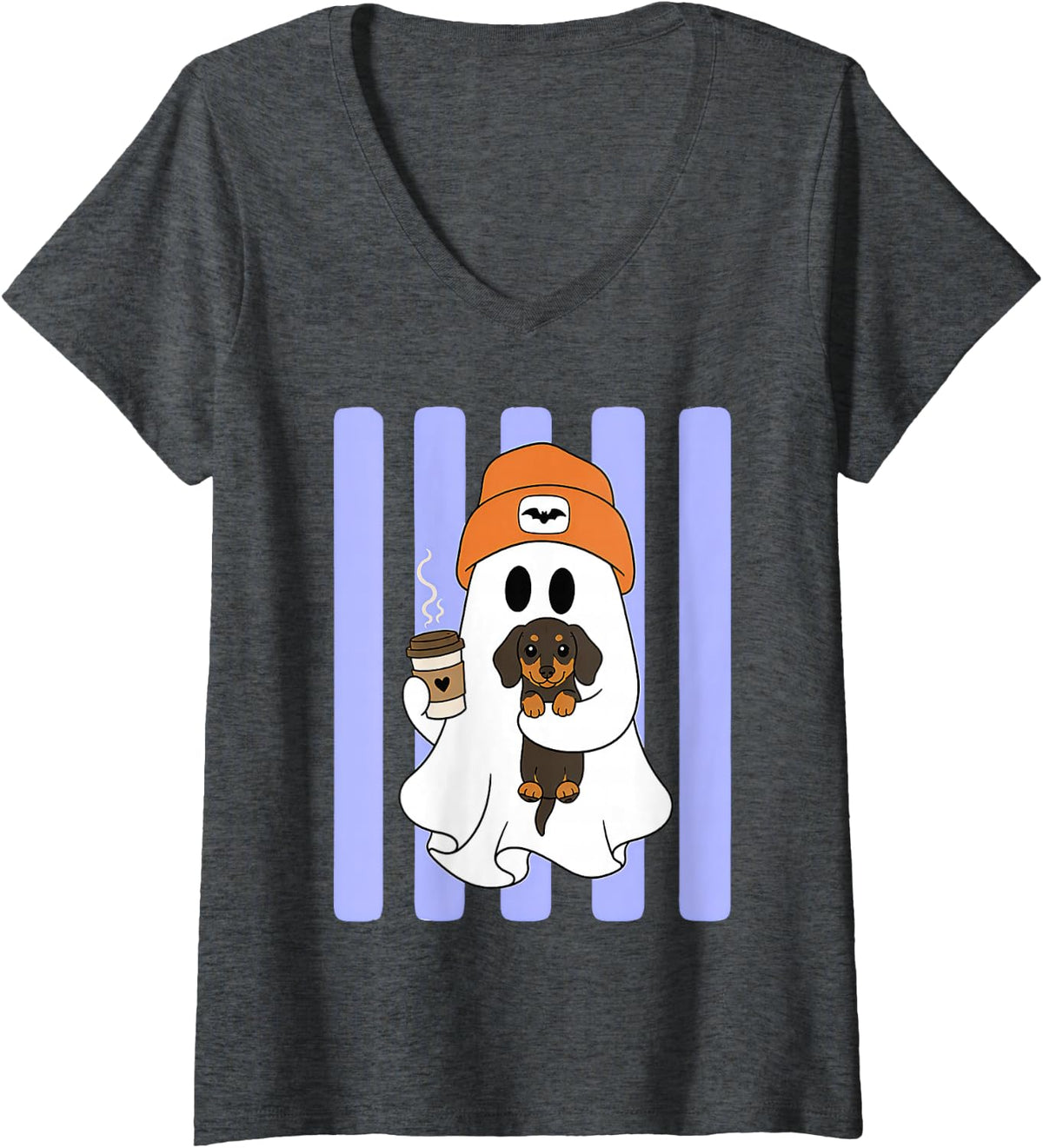 Women's Cute Ghost Dachshund Coffee Lover Dog Mom Striped Halloween V-Neck T-Shirt - Dark Heather Grey