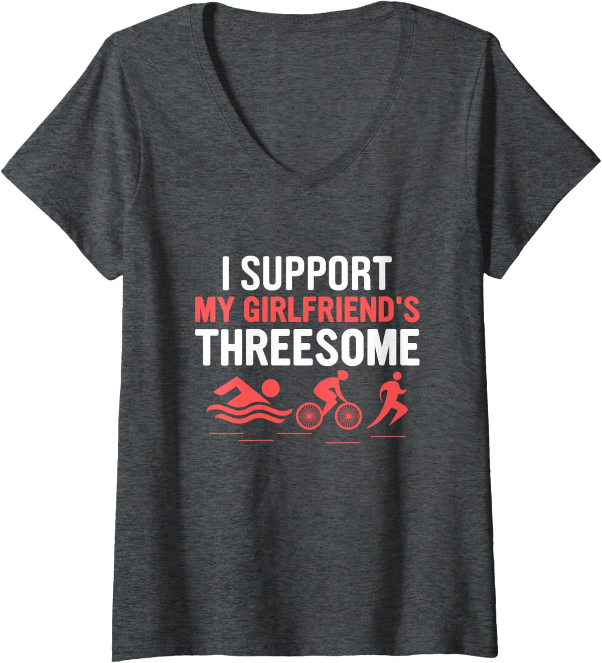 Women's I Support My Girlfriend's Threesome Swim Cycle Run Tri V-Neck T-Shirt - Dark Heather Grey