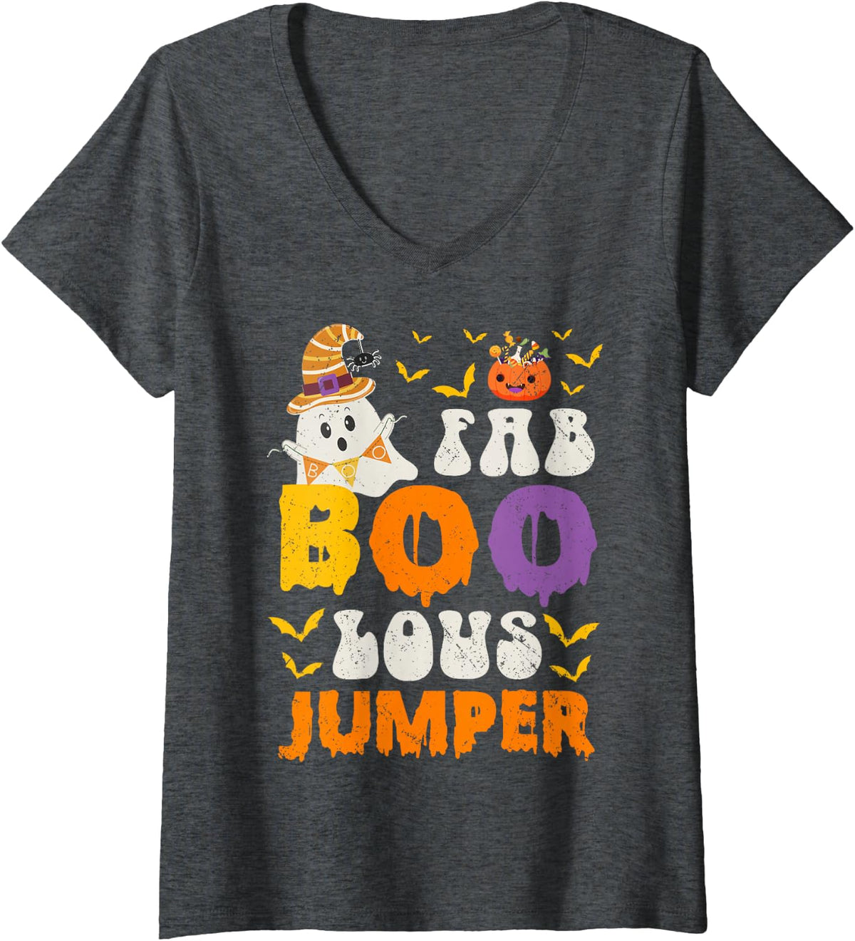 Women's Faboolous Jumper Ghost Halloween Fun V-Neck T-Shirt - Dark Heather Grey
