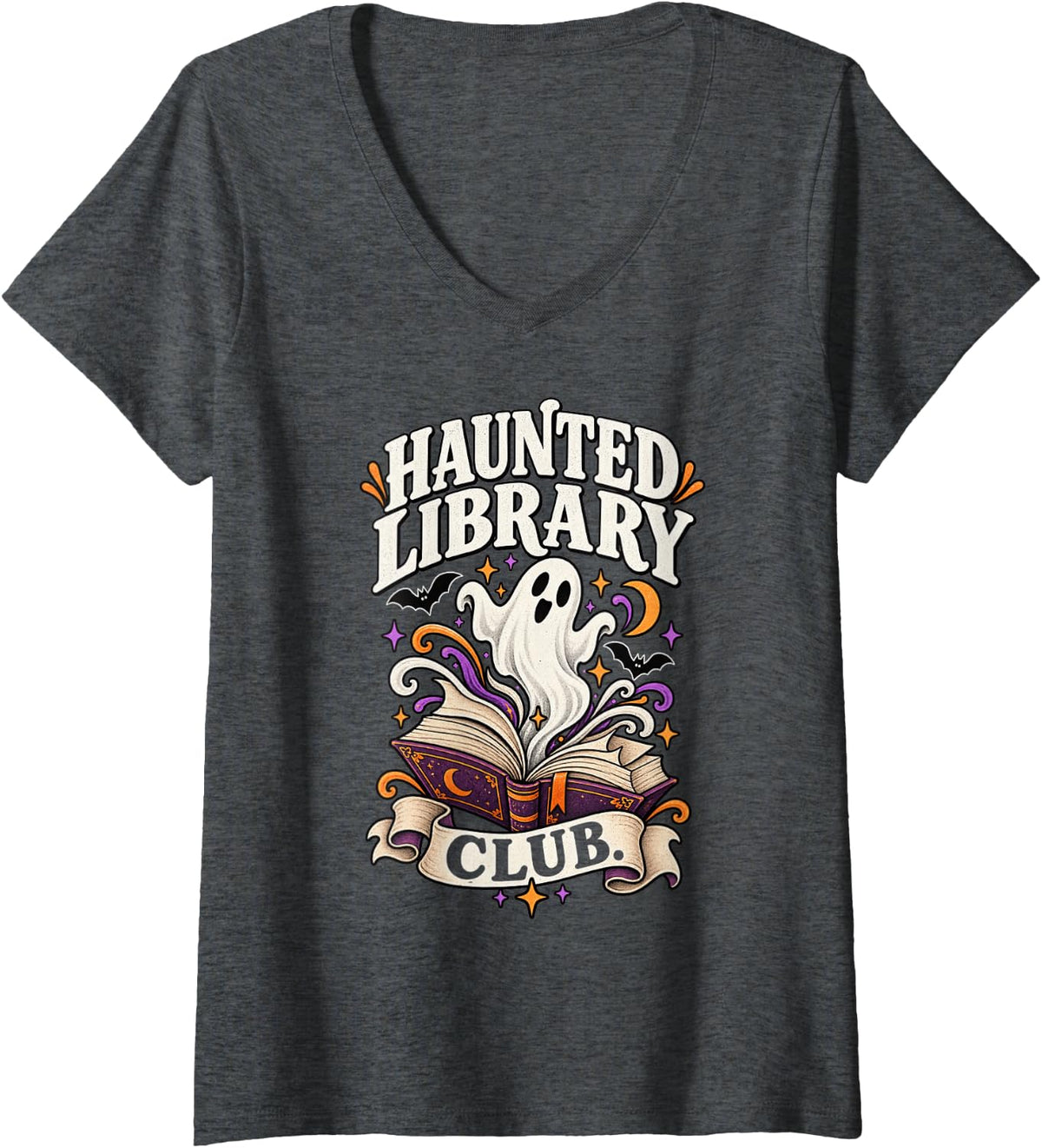 Women's Haunted Library Club Halloween Ghost Book Lover V-Neck T-Shirt - Dark Heather Grey