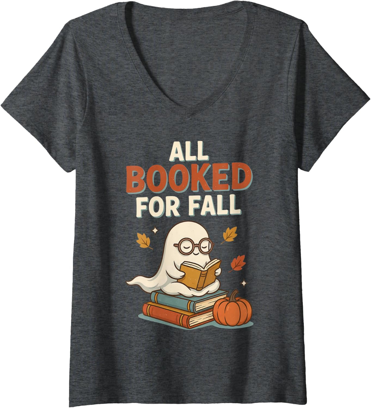 Women's All Booked for Fall Cute Ghost Book Lover Reading V-Neck T-Shirt - Dark Heather Grey