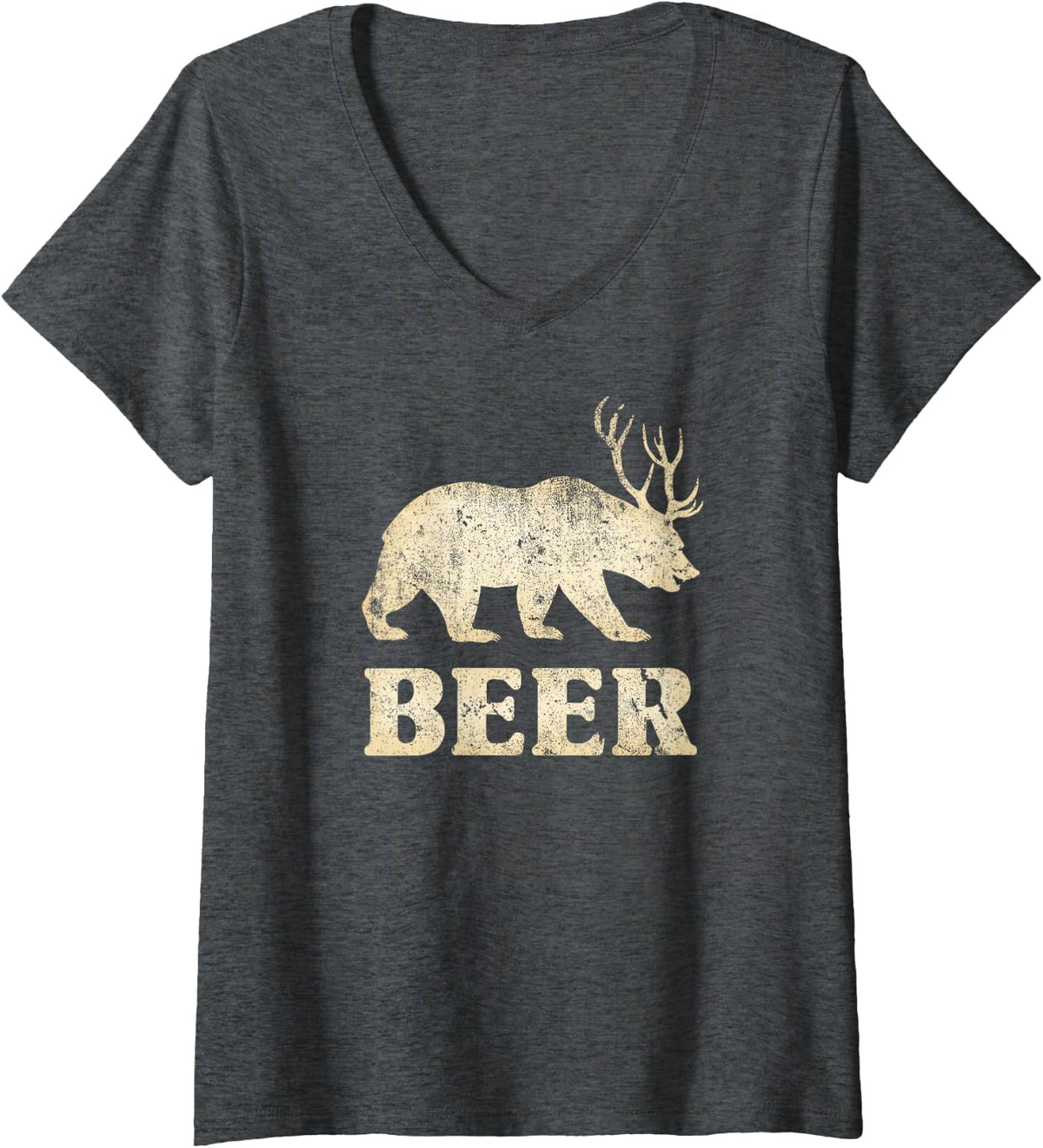 Women's Vintage Bear Deer Funny Beer V-Neck T-Shirt - Dark Heather Grey