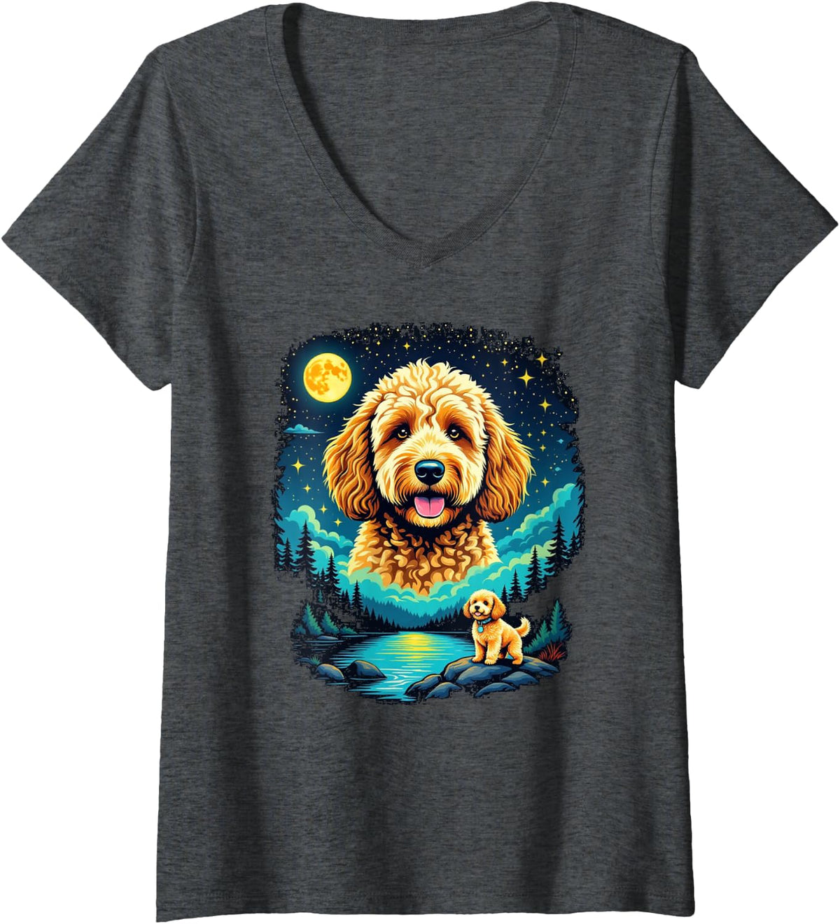 Women's Goldendoodle Under The Moon and Stars V-Neck T-Shirt - Dark Heather Grey