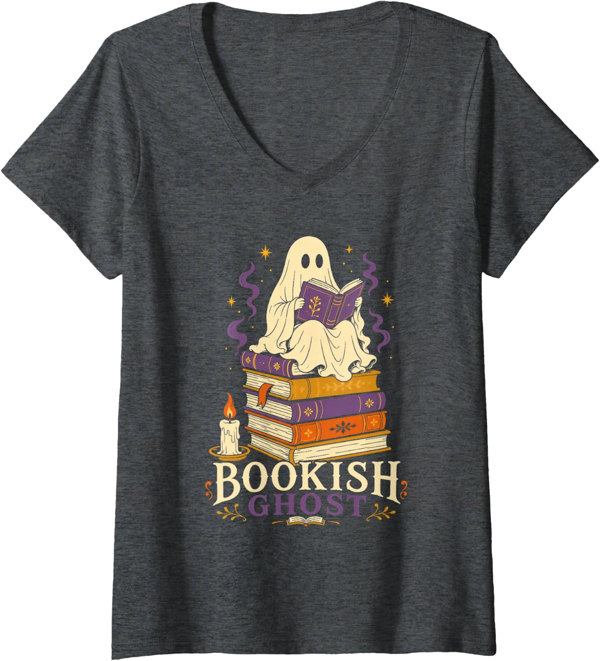 Women's Bookish Ghost Cute Halloween for Book Lovers and Librarians V-Neck T-Shirt - Dark Heather Grey
