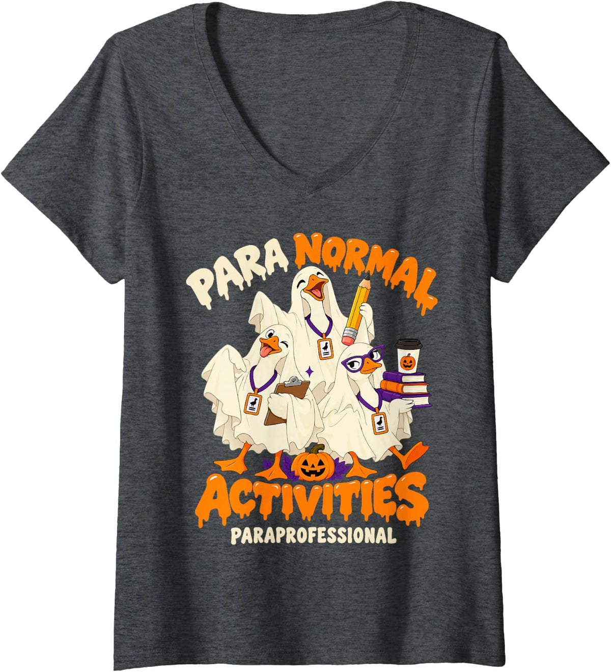 Women's Paraprofessional Halloween Ghost Goose School Staff V-Neck T-Shirt - Dark Heather Grey