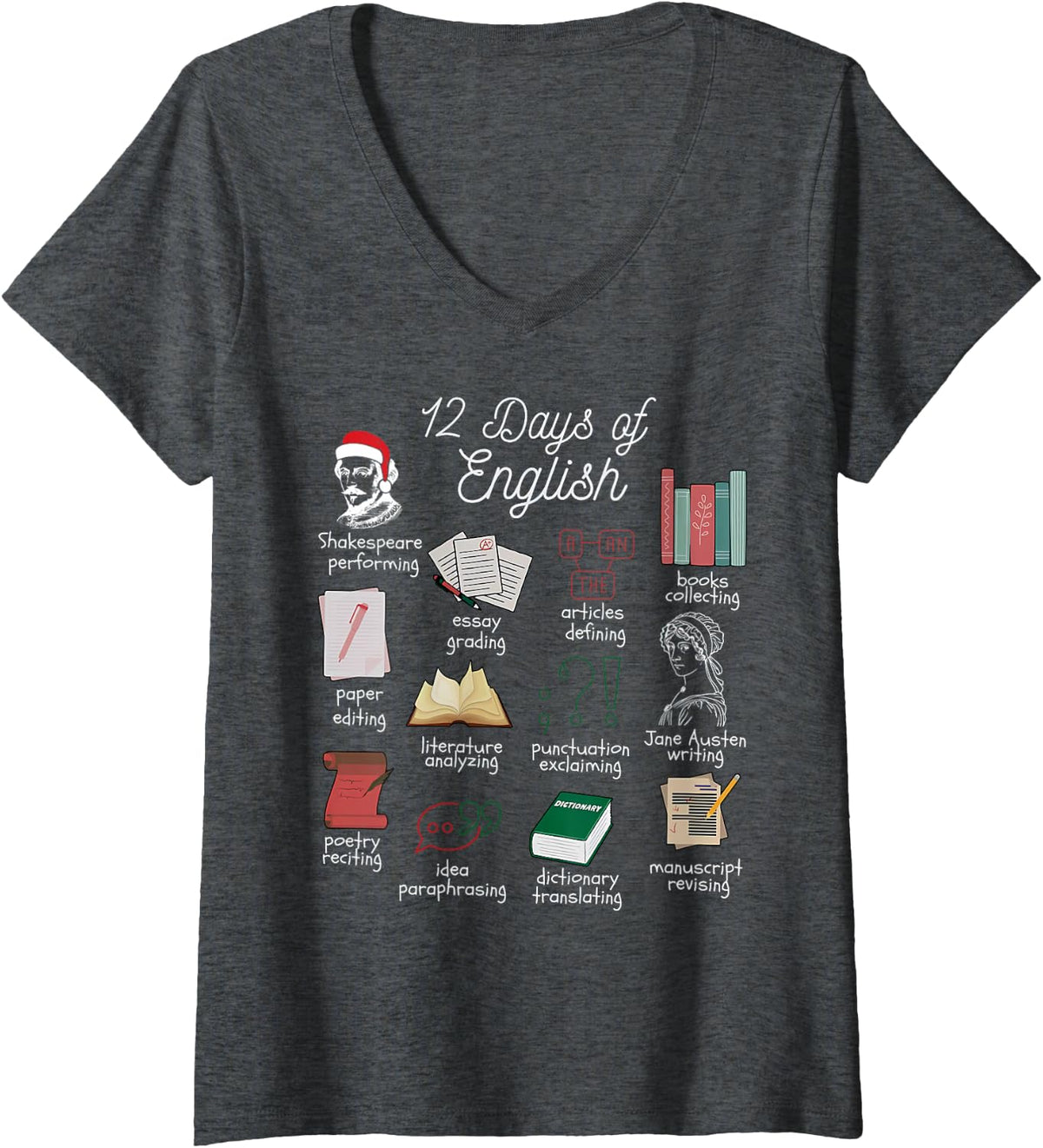 Women's 12 Days of English Teacher Christmas English Teacher School V-Neck T-Shirt - Dark Heather Grey