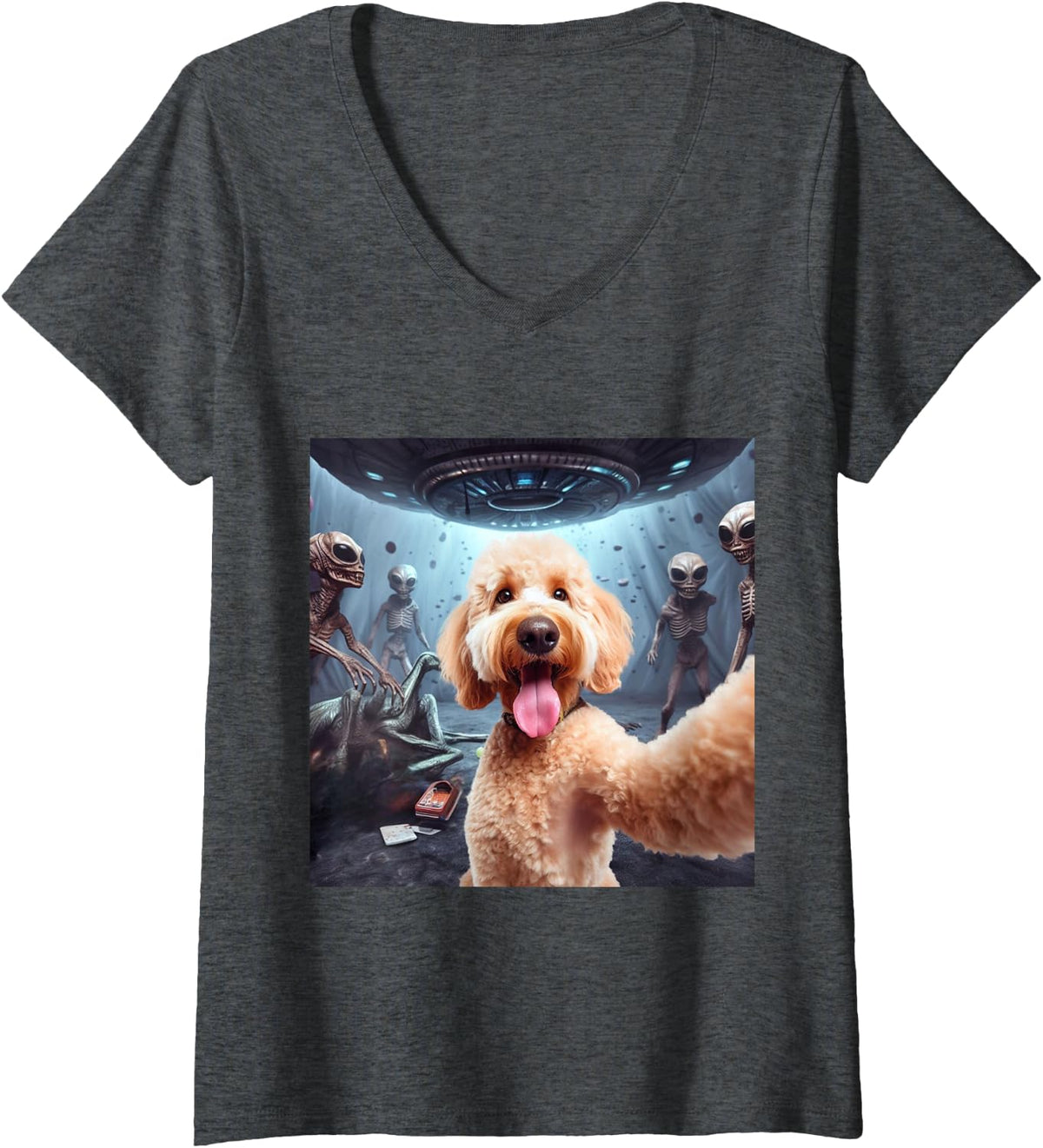 Women's Goldendoodle Selfie UFO Alien Invasion V-Neck T-Shirt - Dark Heather Grey
