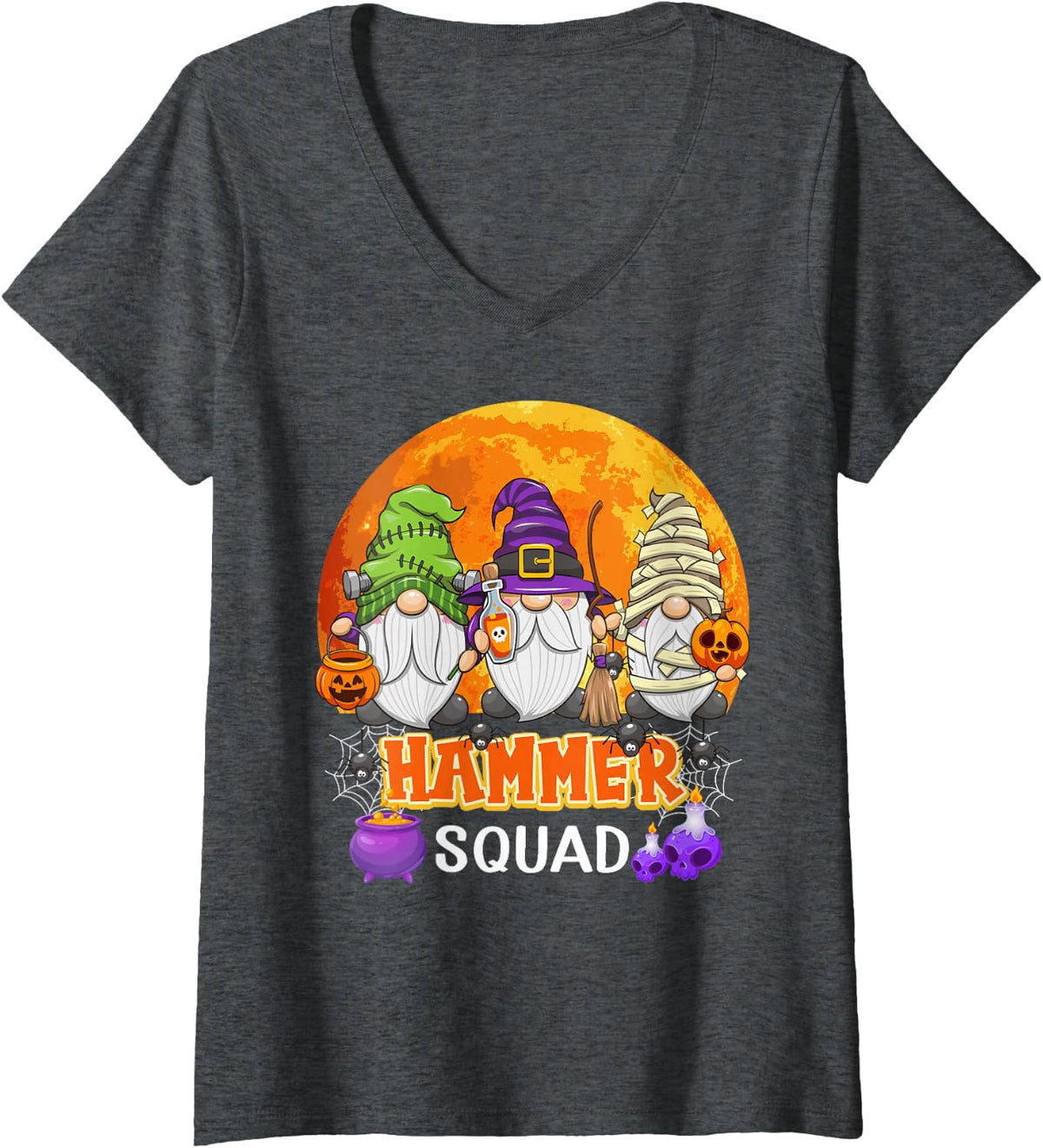 Women's Hammer Squad Halloween Hammer Thrower Gnome Matching V-Neck T-Shirt - Dark Heather Grey