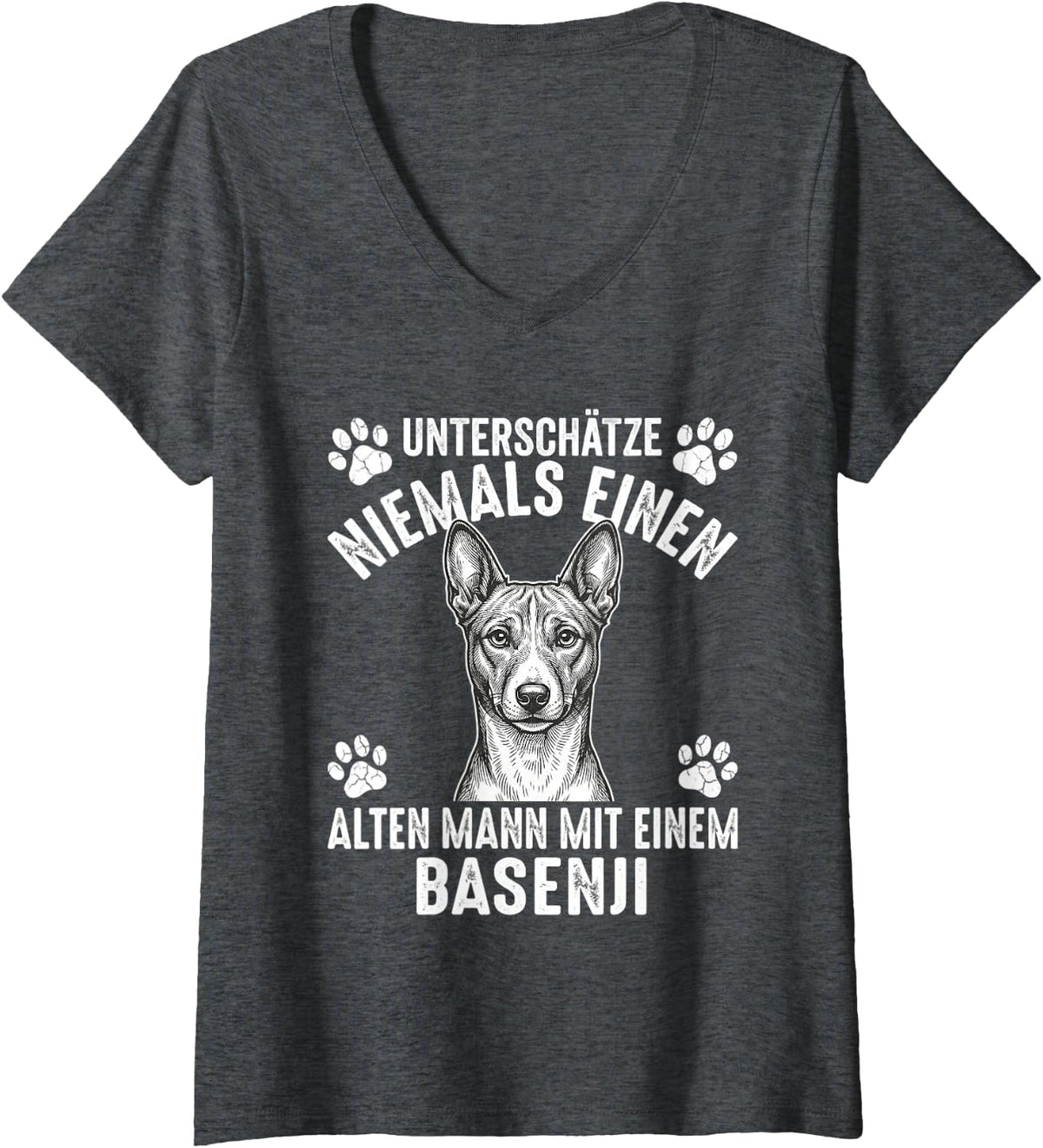 Women's Basenji Old Man V-Neck T-Shirt - Dark Heather Grey