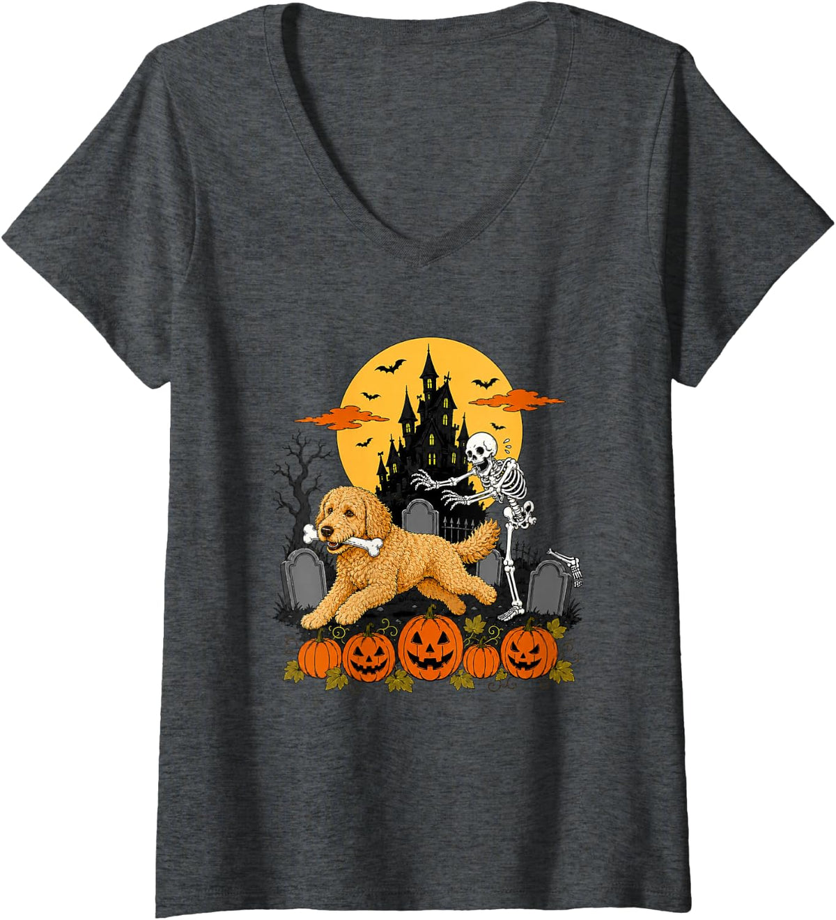 Women's Goldendoodle Dog Stealing Bone from Skeleton Funny Halloween V-Neck T-Shirt - Dark Heather Grey