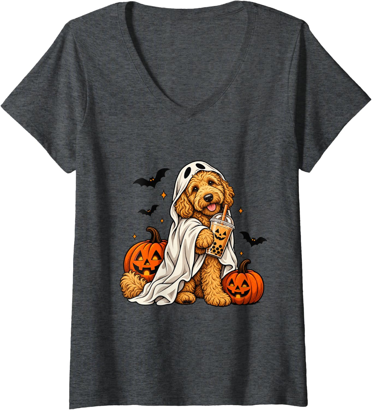 Women's Goldendoodle Ghost and Boba Cute Halloween Dog Humor V-Neck T-Shirt - Dark Heather Grey