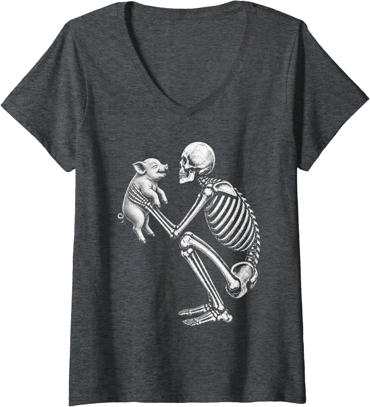 Women's Skeleton Holding Pig Retro Halloween V-Neck T-Shirt - Dark Heather Grey