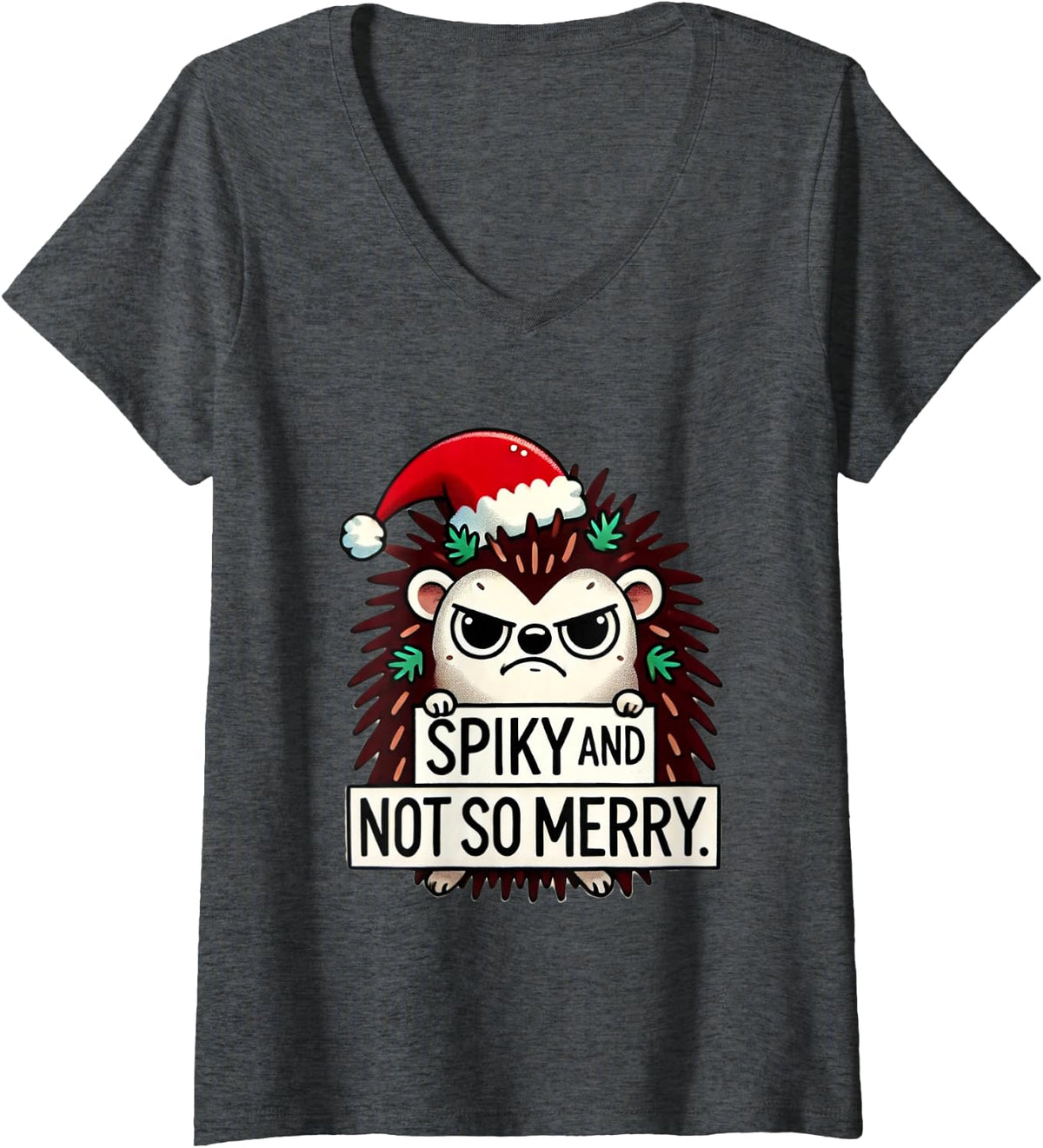 Women's Spiky and Not So Merry Grumpy Hedgehog Christmas Funny V-Neck T-Shirt - Dark Heather Grey