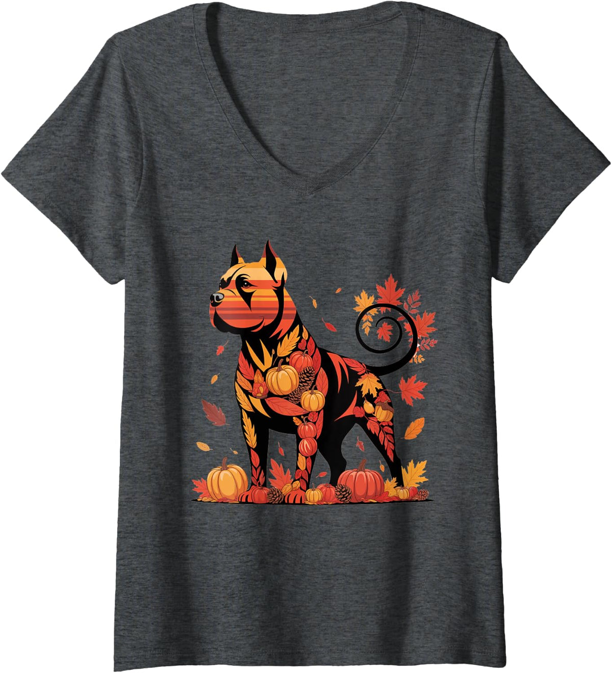 Womens Pitbull Dog Autumn Pumpkin Fall Womens Mens Thanksgiving V-Neck T-Shirt - Dark Heather Grey