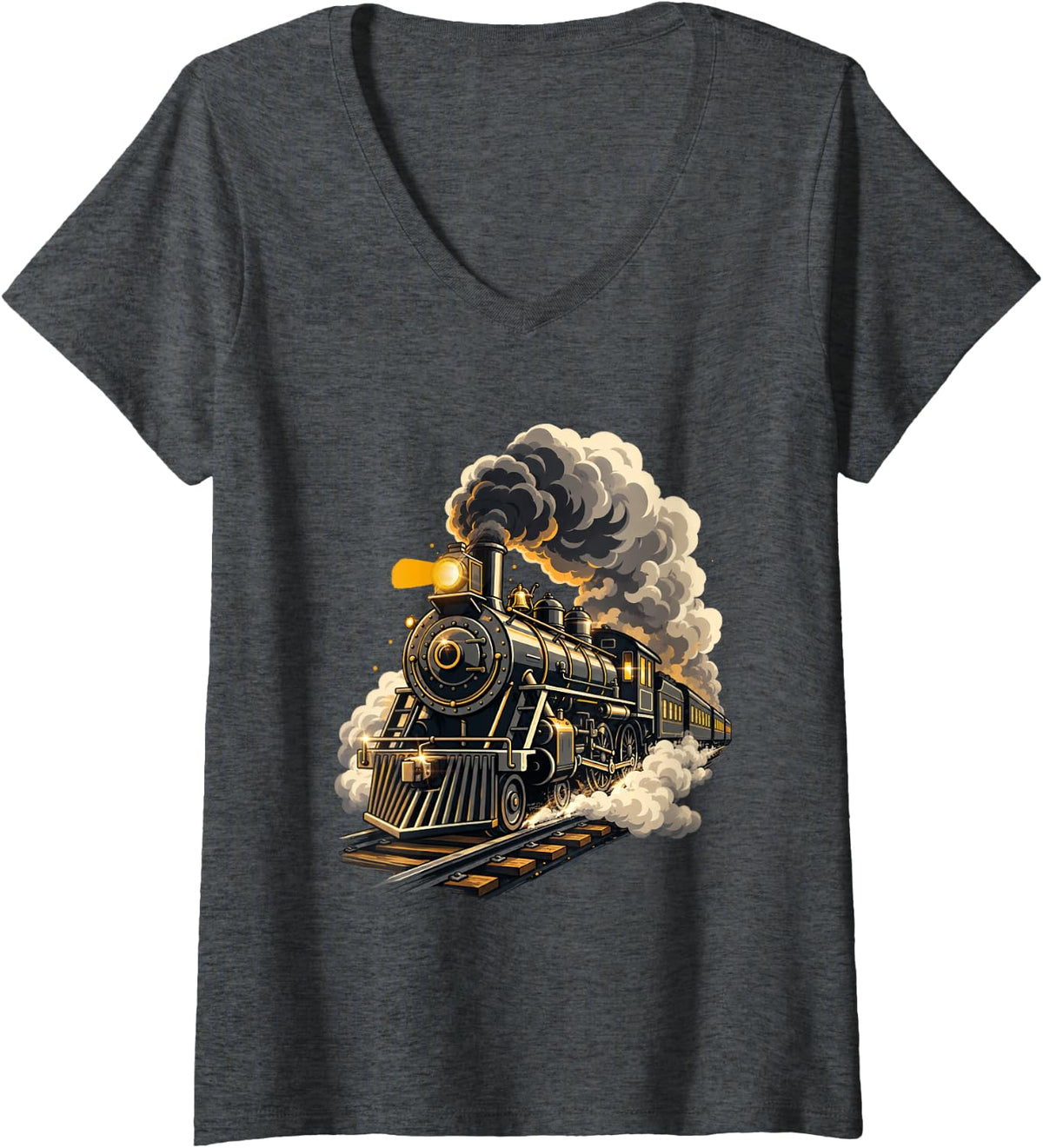 Women's Steam Engine Train - Train Lover Railroad Steam Locomotive V-Neck T-Shirt - Dark Heather Grey