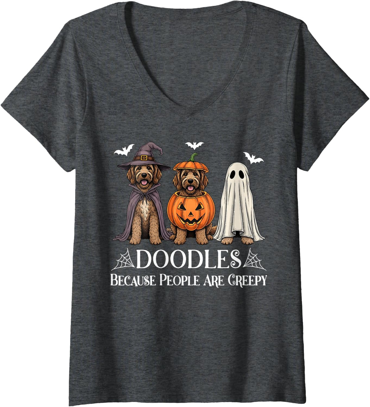 Women's Goldendoodles Because People are Creepy Halloween Dog V-Neck T-Shirt - Dark Heather Grey
