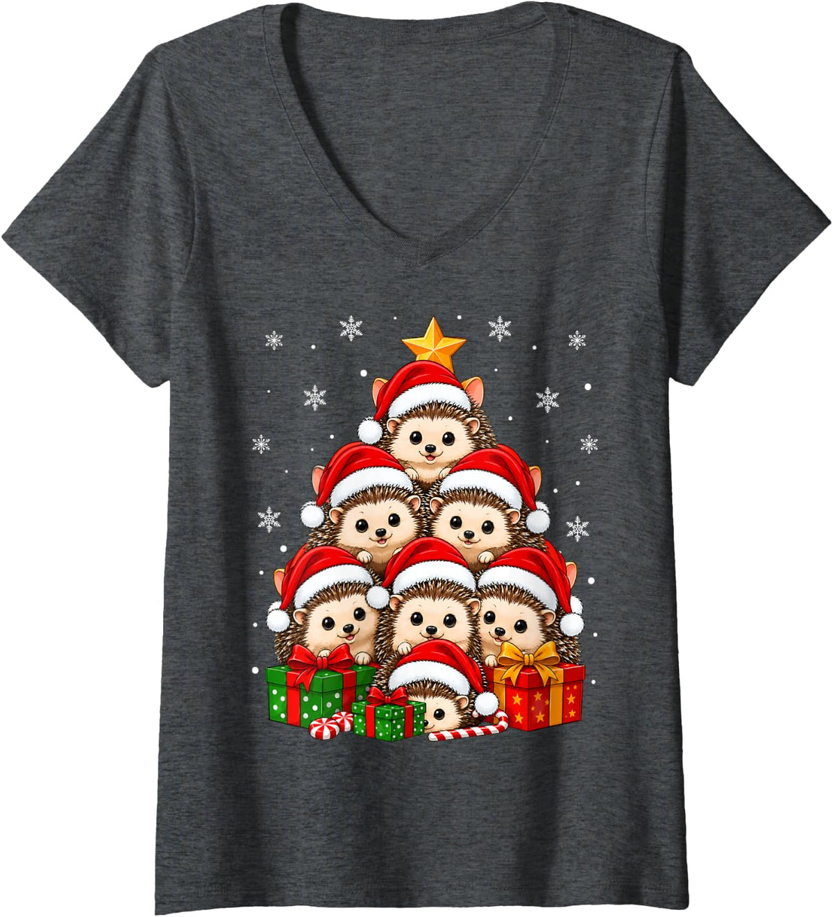 Women's Hedgehog Christmas Tree Cute Animal Festive Santa Xmas V-Neck T-Shirt - Dark Heather Grey
