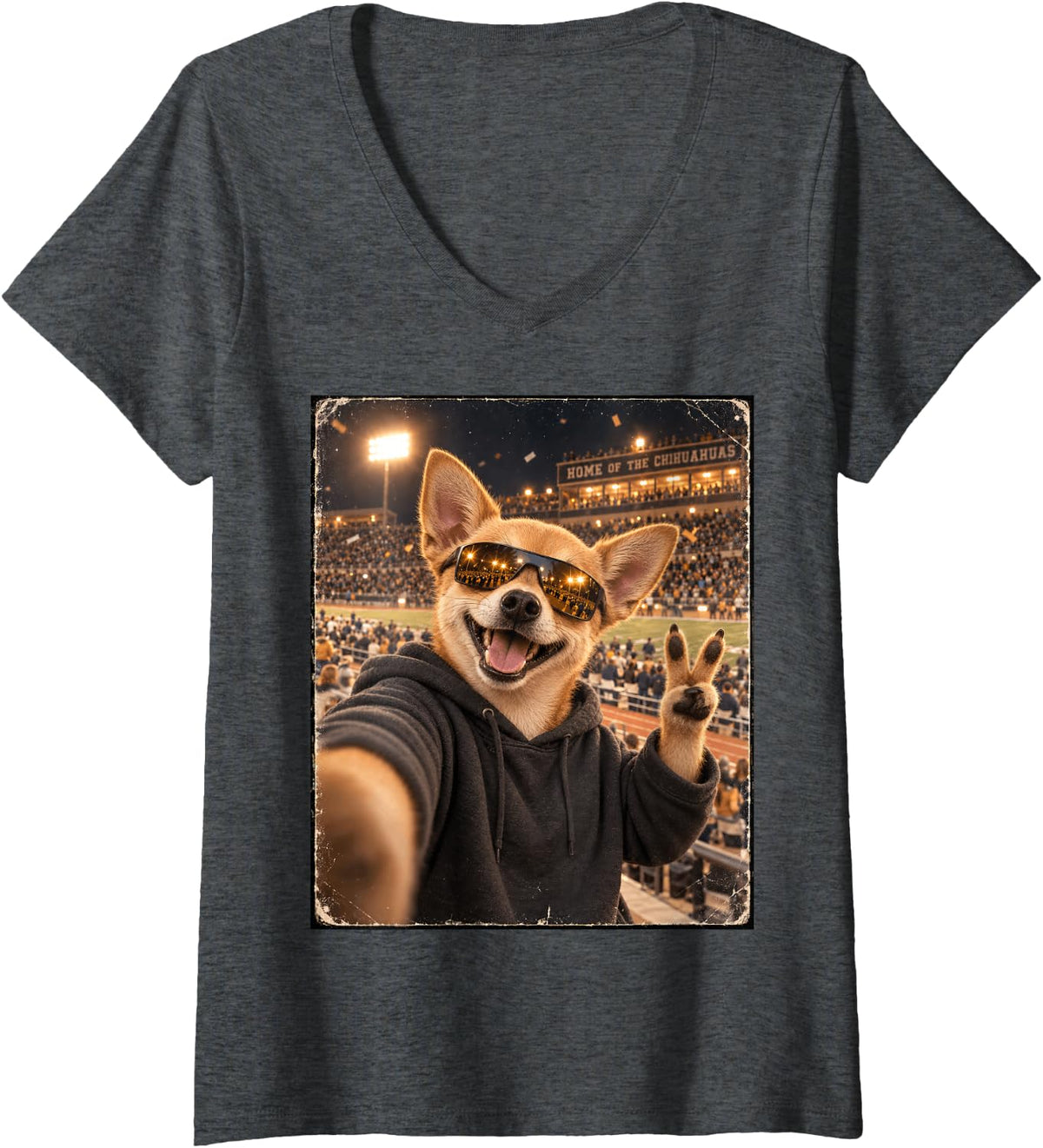 Women's Funny Chihuahua Selfie Vintage Stadium Cool Dog Sports Fan V-Neck T-Shirt - Dark Heather Grey