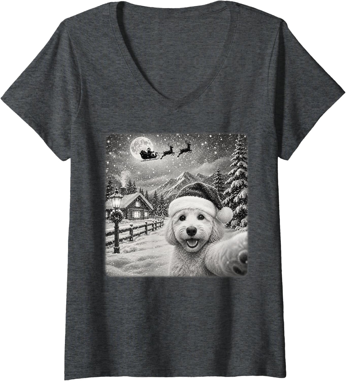Women's Xmas Moon Night Santa Sleigh Goldendoodle Dog Christmas V-Neck T-Shirt - Dark Heather Grey