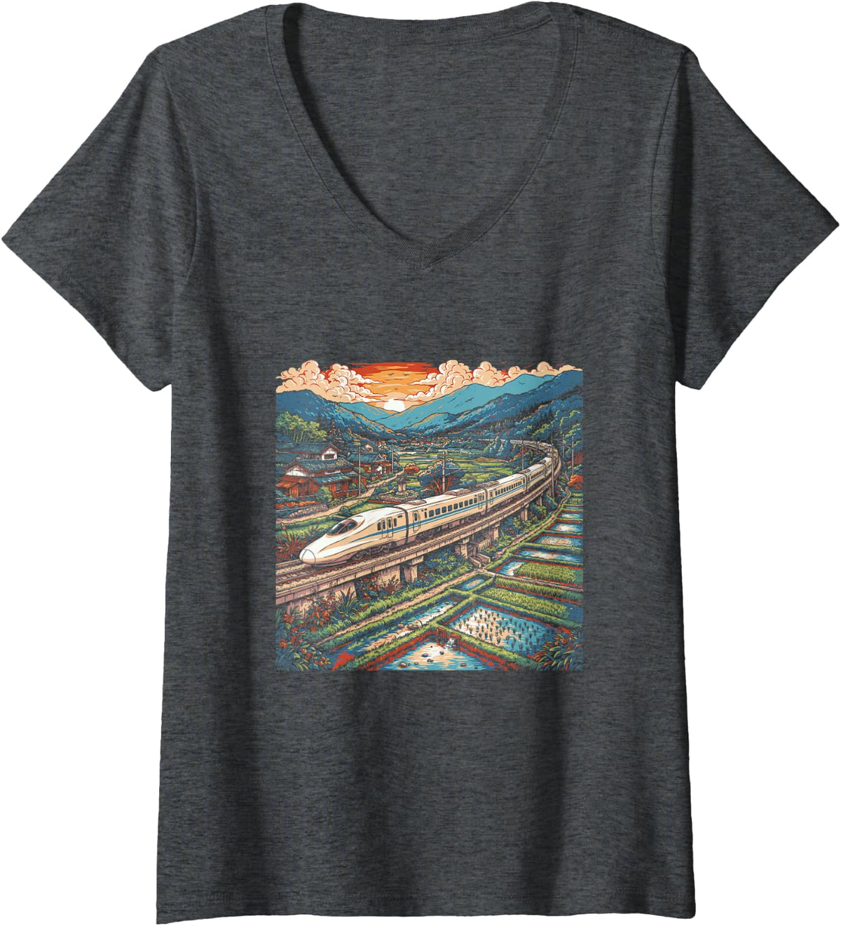 Women's Japanese Shinkansen Scenic Countryside Rail Journey Souvenir V-Neck T-Shirt - Dark Heather Grey