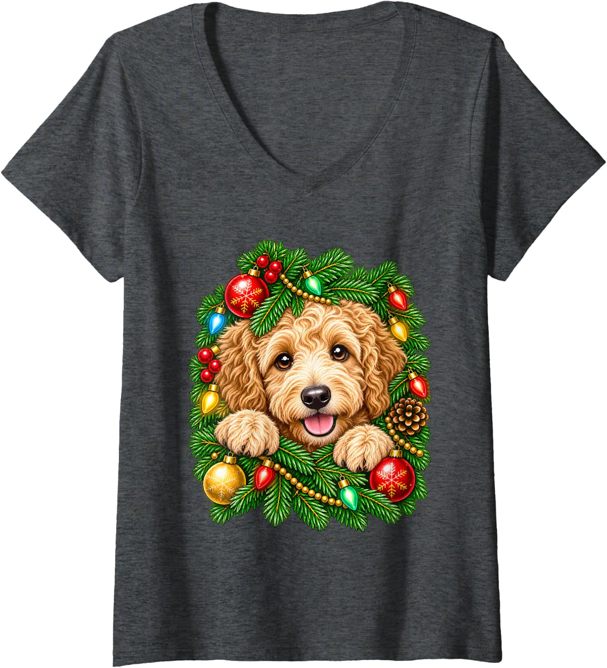 Women's Cute Goldendoodle Peeking with Christmas Lights Festive Dog V-Neck T-Shirt - Dark Heather Grey