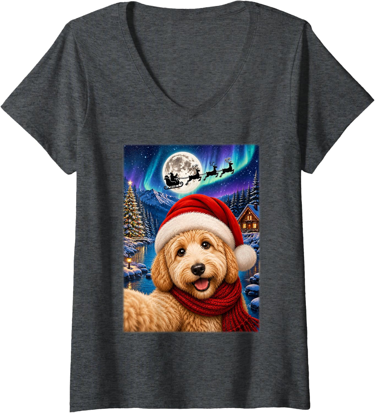 Women's Goldendoodle Christmas Moon Night Santa Sleigh Dog Xmas V-Neck T-Shirt - Dark Heather Grey