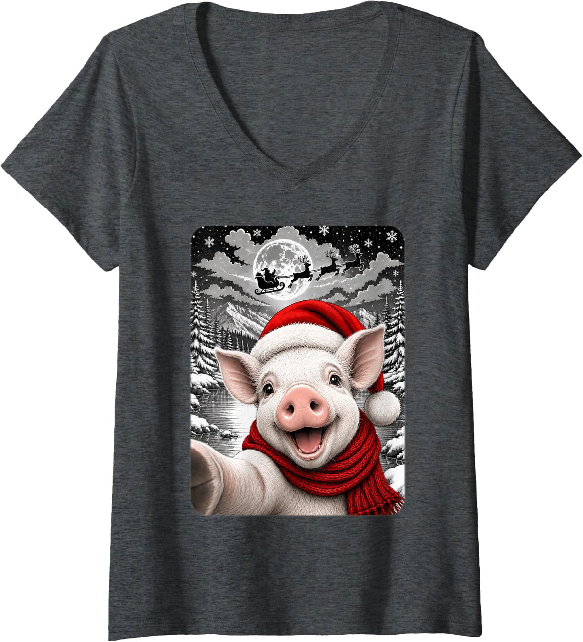 Women's Adorable Santa Hat Pig Christmas Winter Selfie Fun Pig Xmas V-Neck T-Shirt - Dark Heather Grey